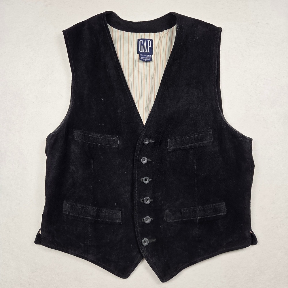 Vintage GAP Suede Leather Vest Mens Medium Black Button Front Cinch Back Vtg